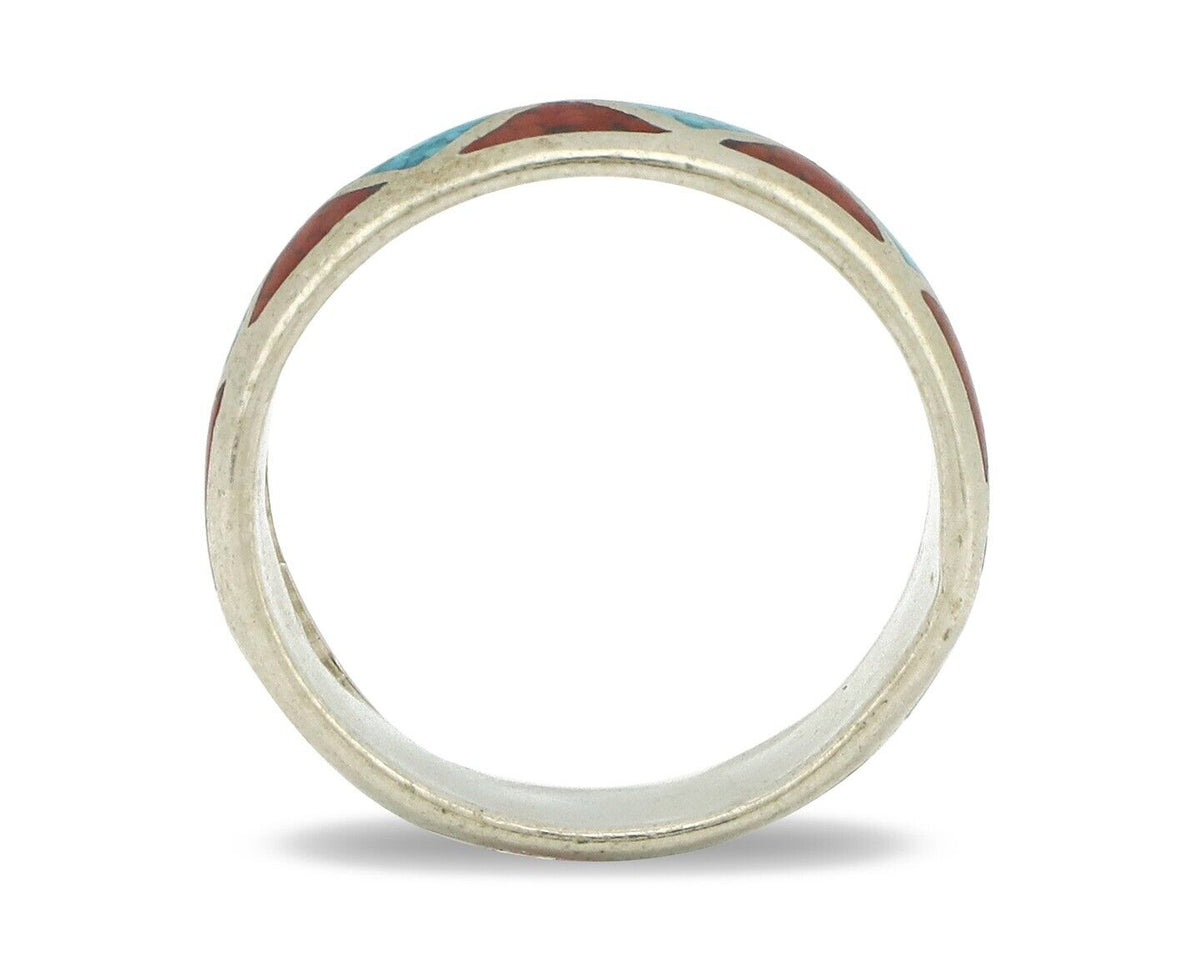 Navajo Ring 925 Silver Natural Turquoise & Coral Native American Artist C.80's