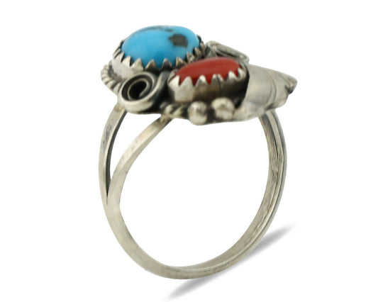 Navajo Ring .925 Silver Morenci Turquoise & Coral Native Artist Signed JM C.80's