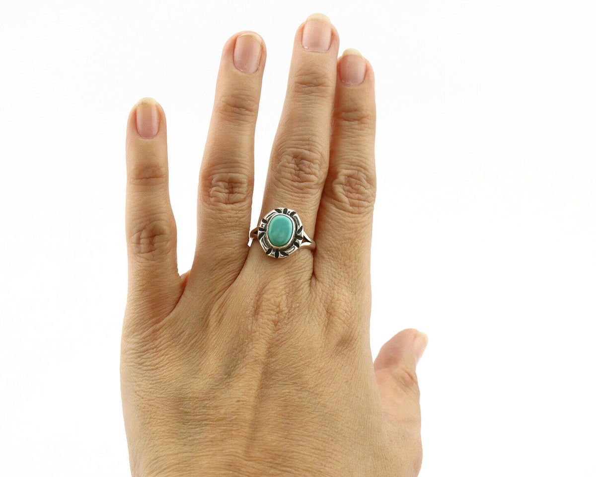 Navajo Ring .925 Silver Kingman Turquoise Artist Signed Gecko C.90's