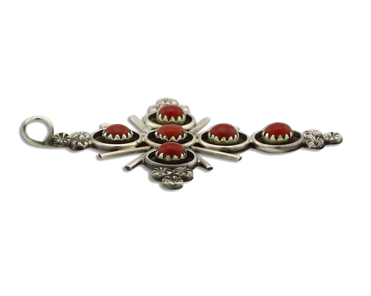 Zuni Handmade Cross Necklace 925 Silver Red Coral Artist Signed NOM? C.80's