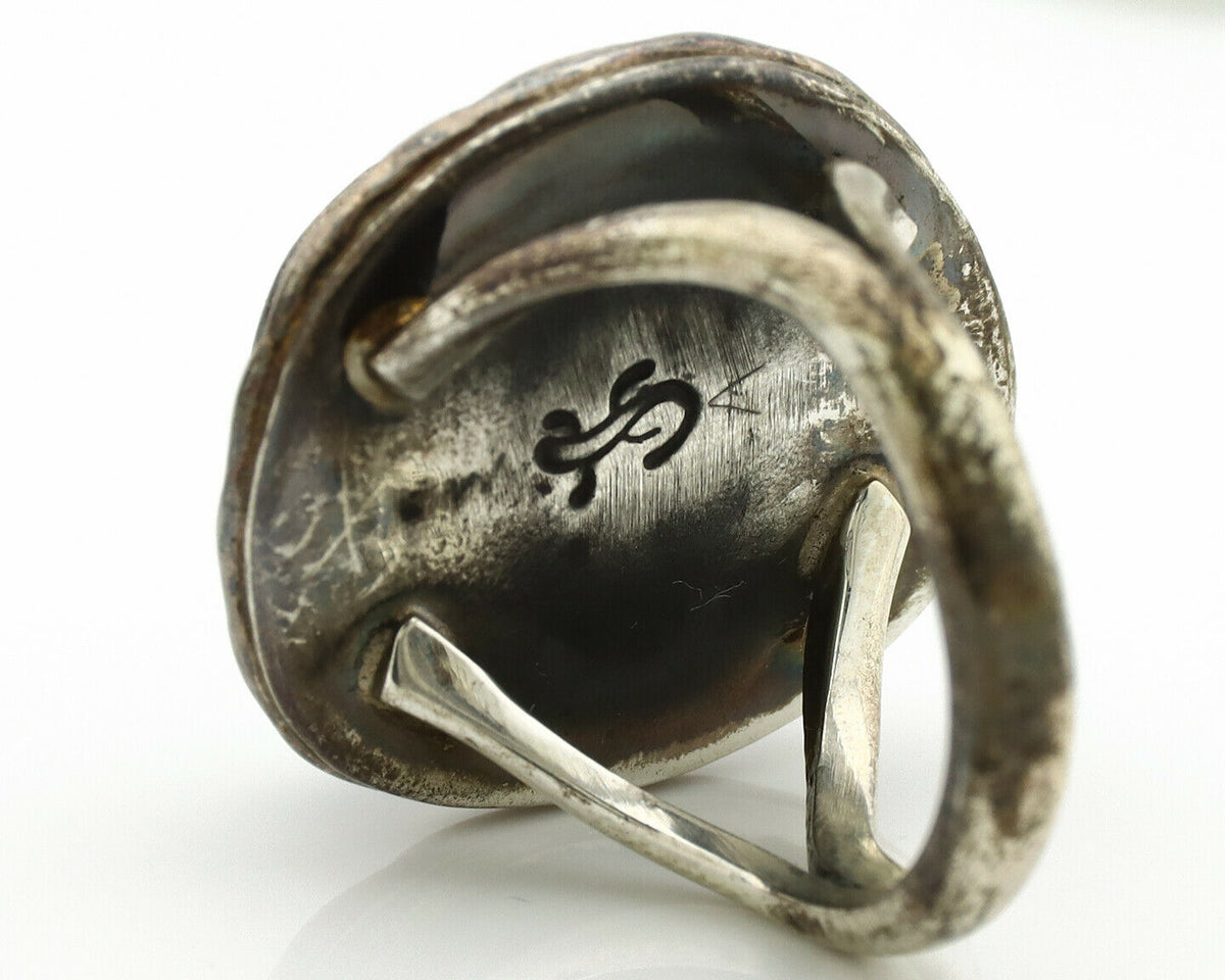 Navajo Ring .925 Silver Kingman Turquoise Artist Signed Gecko C.1980's