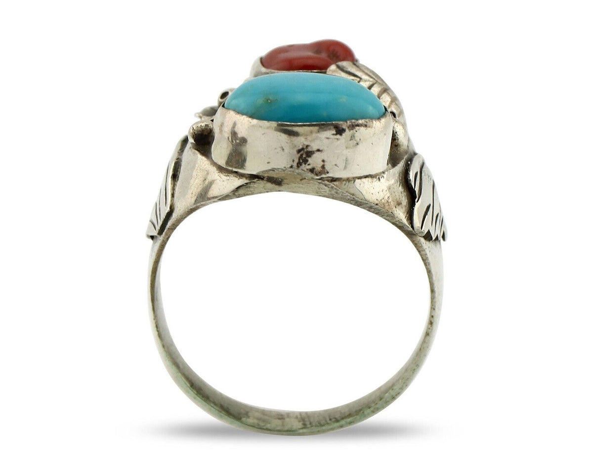Navajo Ring 925 Silver Blue Turquiose & Mediterranean Coral Native Artist C.80's