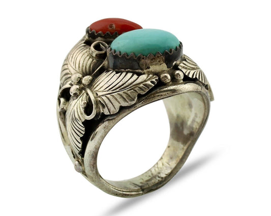 Navajo Ring 925 Silver Blue Turquiose & Mediterranean Coral Native Artist C.80's