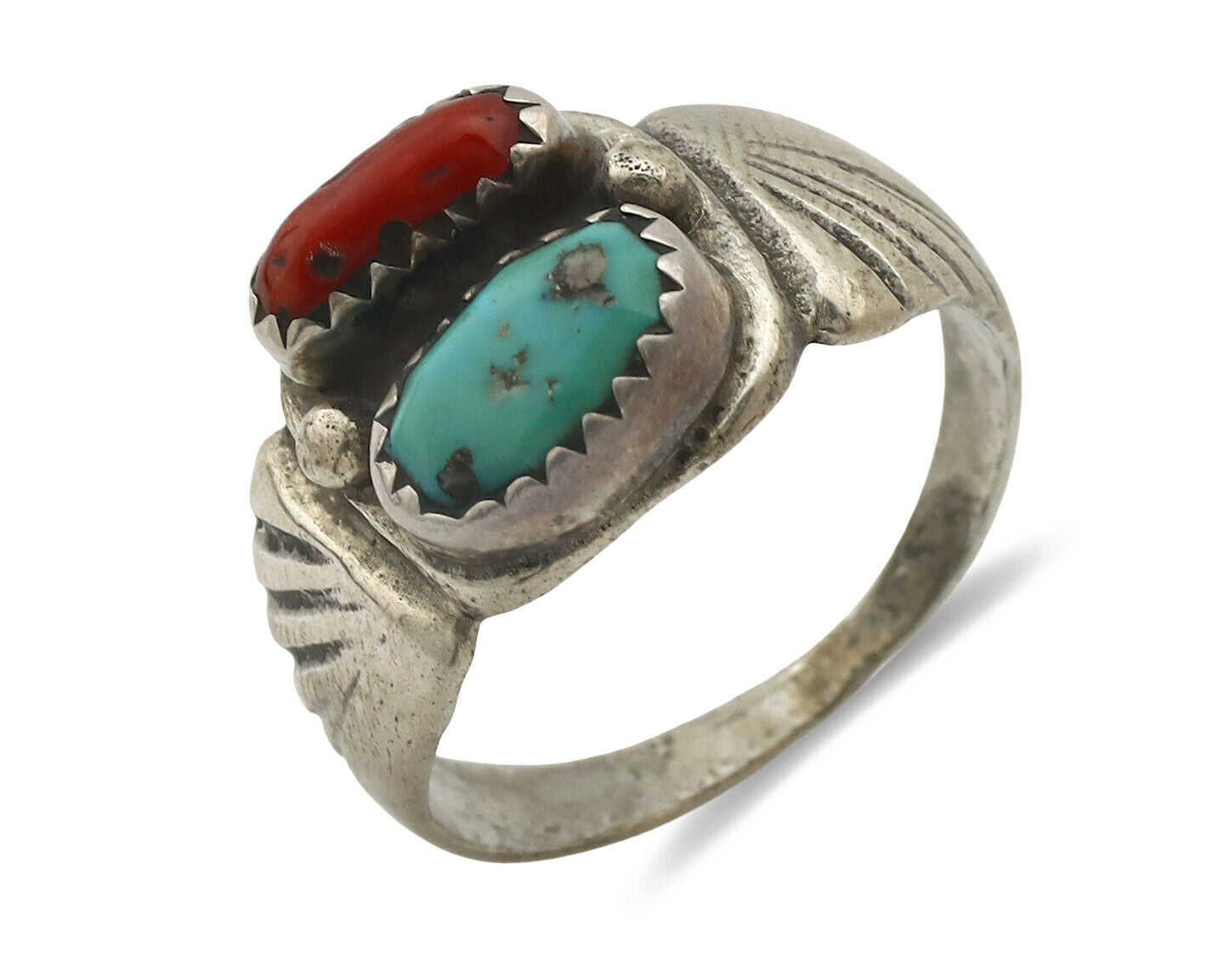 Zuni Ring .925 Silver Natural Turquoise & Coral Native American Artist C.1980's