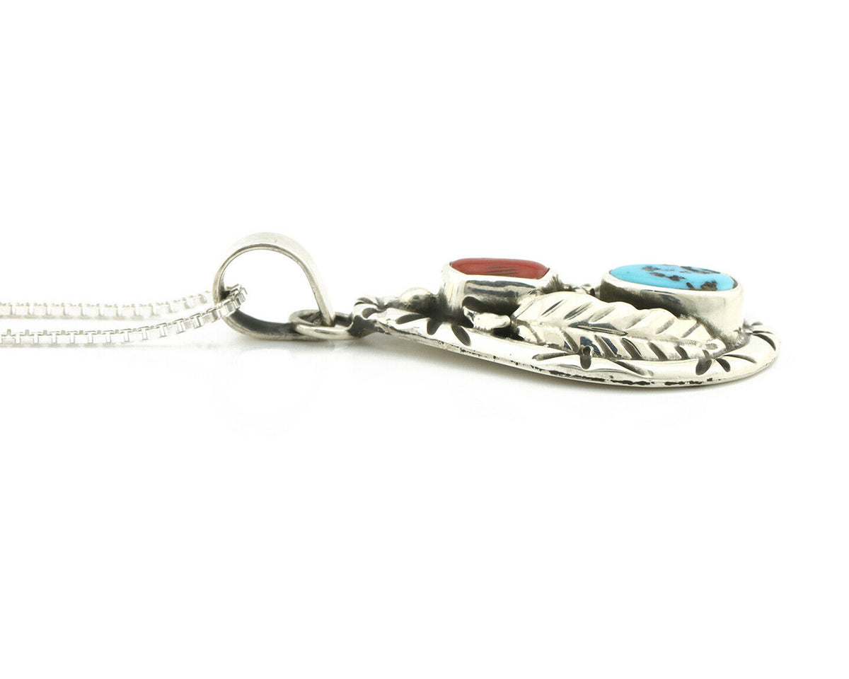 Navajo Necklace .925 Silver Natural Blue Turquoise & Coral Tipi Artist C.80's