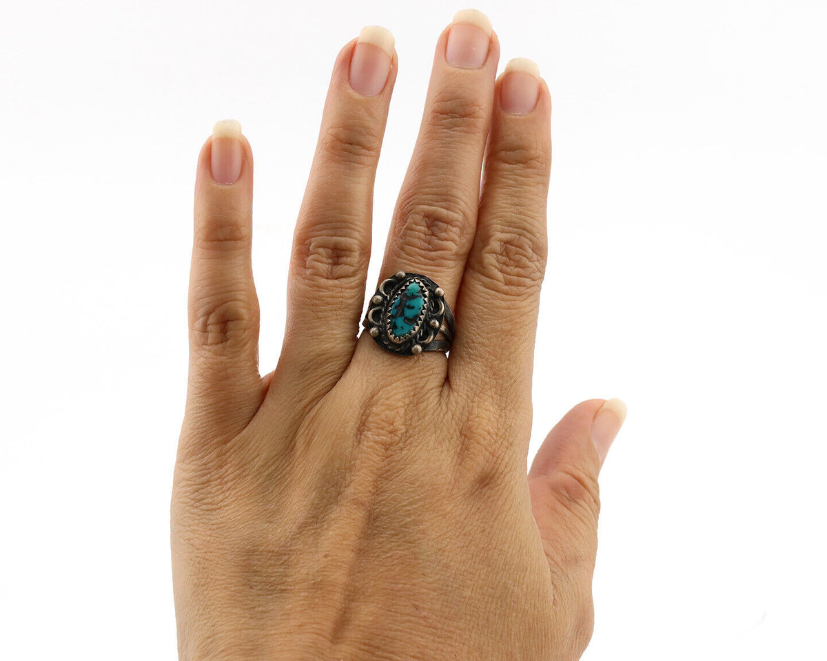 Navajo Ring .925 Silver Blue Turquoise Artist Signed F C.80's