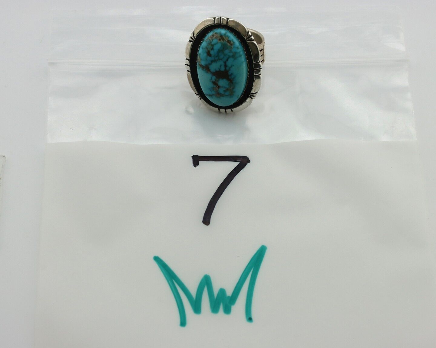 Navajo Ring 925 Silver Morenci Turquoise Artist Signed M Thompson C.80's