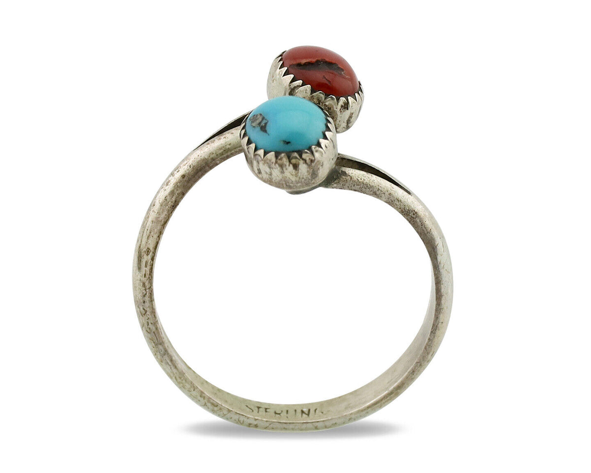 Navajo Ring 925 Silver Coral & Turquoise Handmade Native American Artist C.1980s