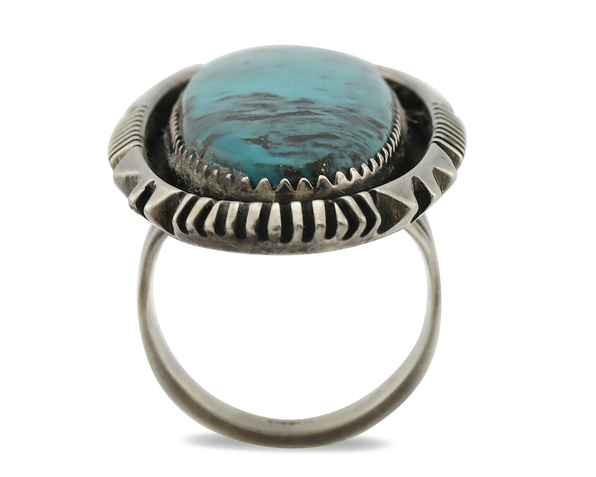 Navajo Ring .925 Silver Spiderweb Turquoise Artist Signed Begay C.1980's