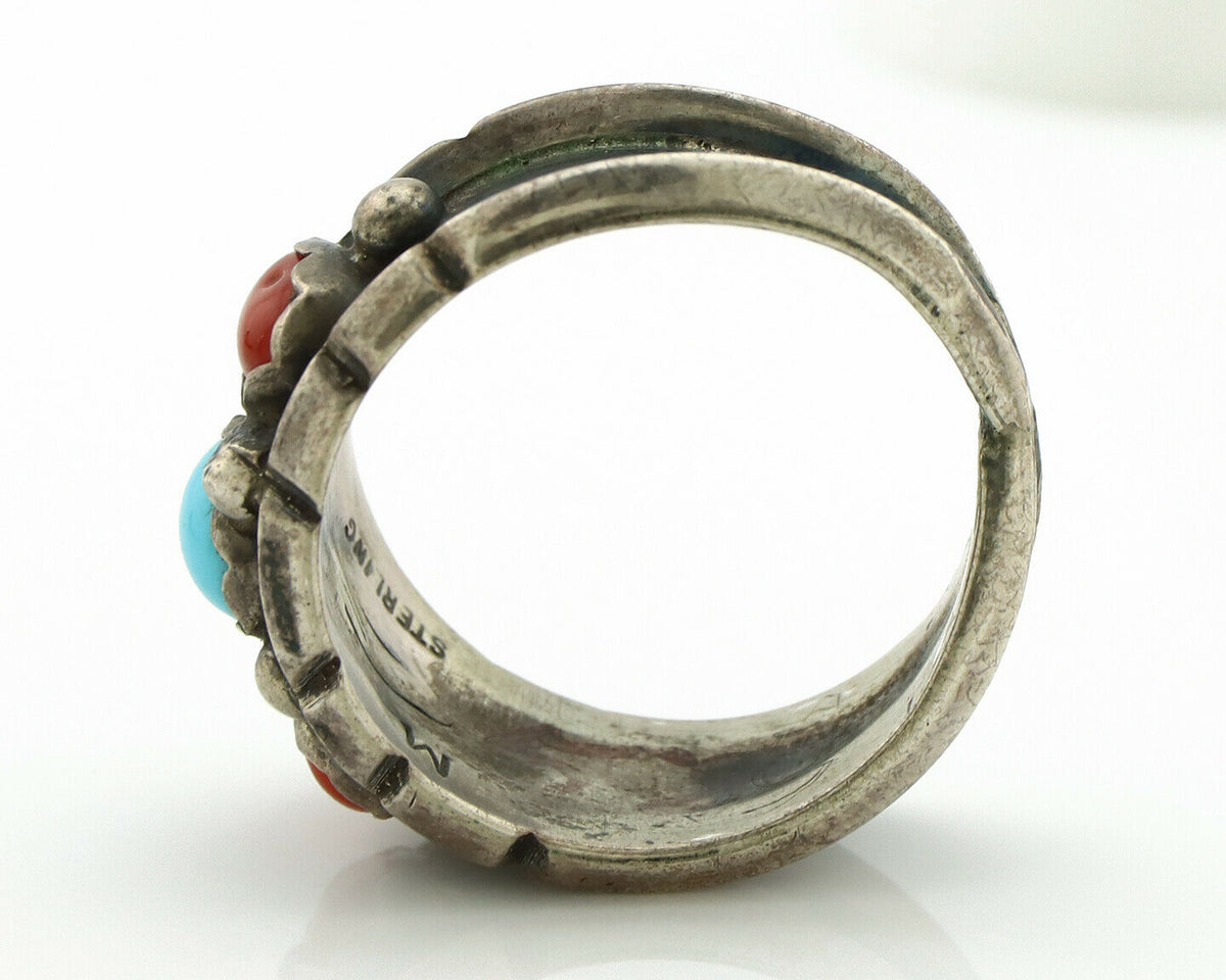Zuni Ring .925 Silver Turquoise & Coral Artist Signed Milton Lasillo C.80's