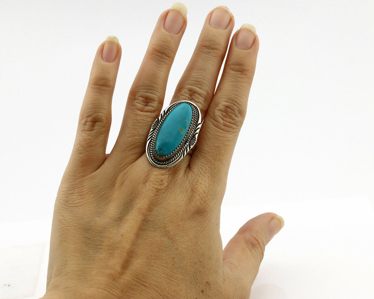 Navajo Ring .925 Silver Blue Turquoise Artist Signed M Begay C.1980's