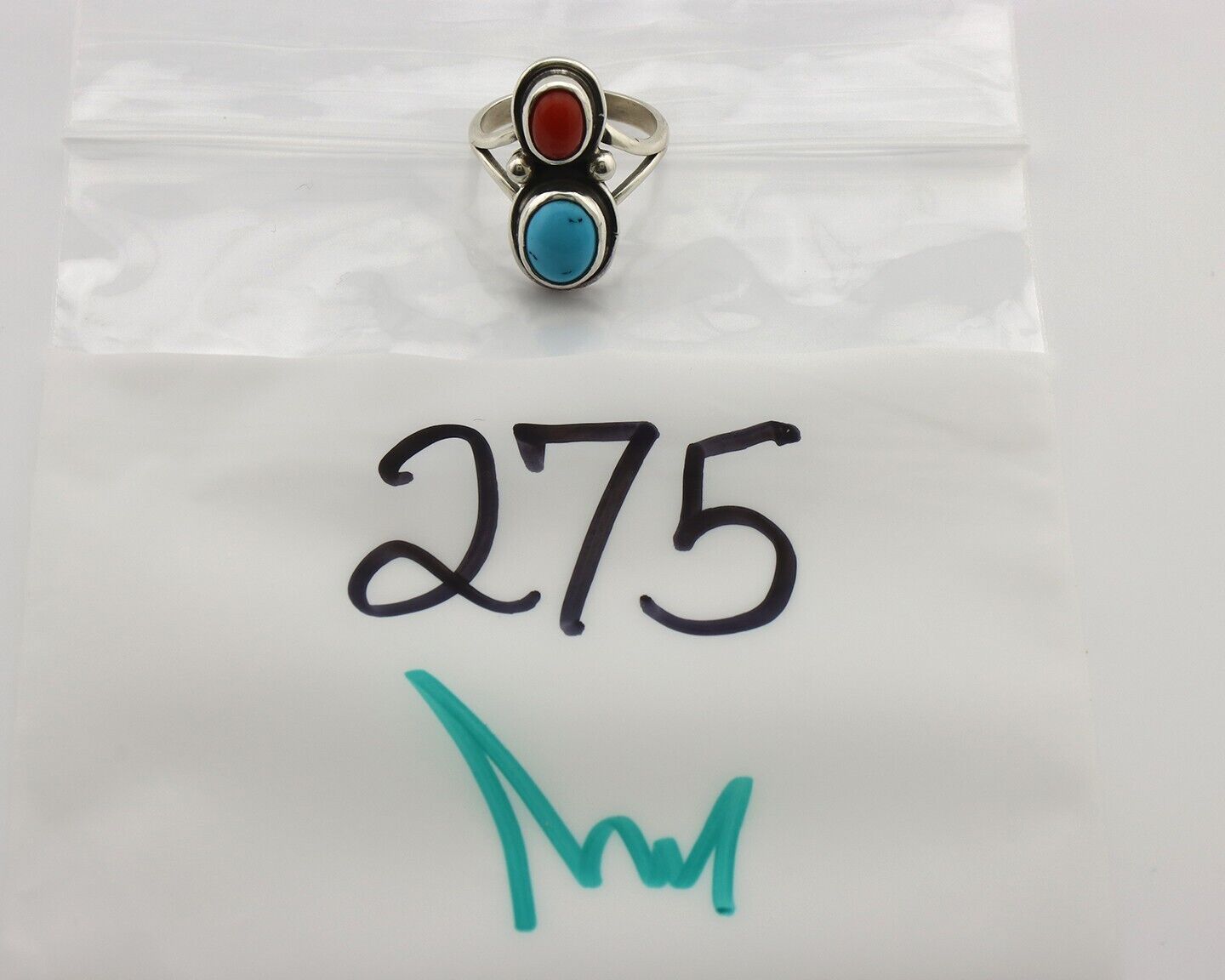 Navajo Inlay Band Ring 925 Silver Turquoise & Coral Native Artist C.80's
