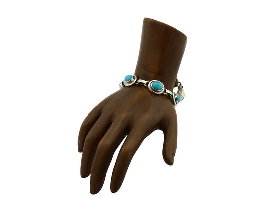 Navajo Link Bracelet .925 Silver Blue Turquoise Native American Artist C.80's