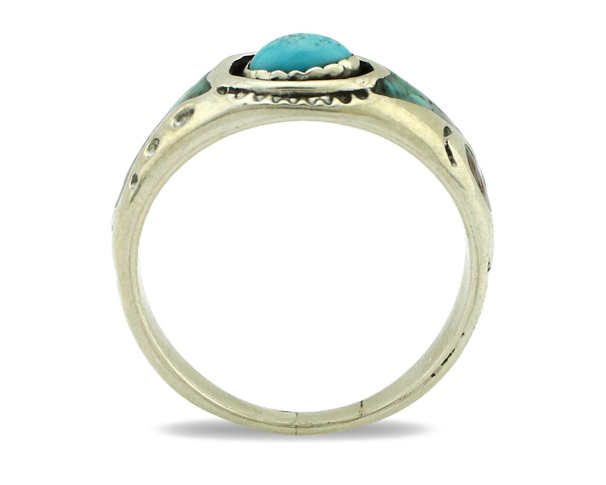 Navajo Handmade Ring 925 Silver Blue Turquoise & Coral Native American C.80's