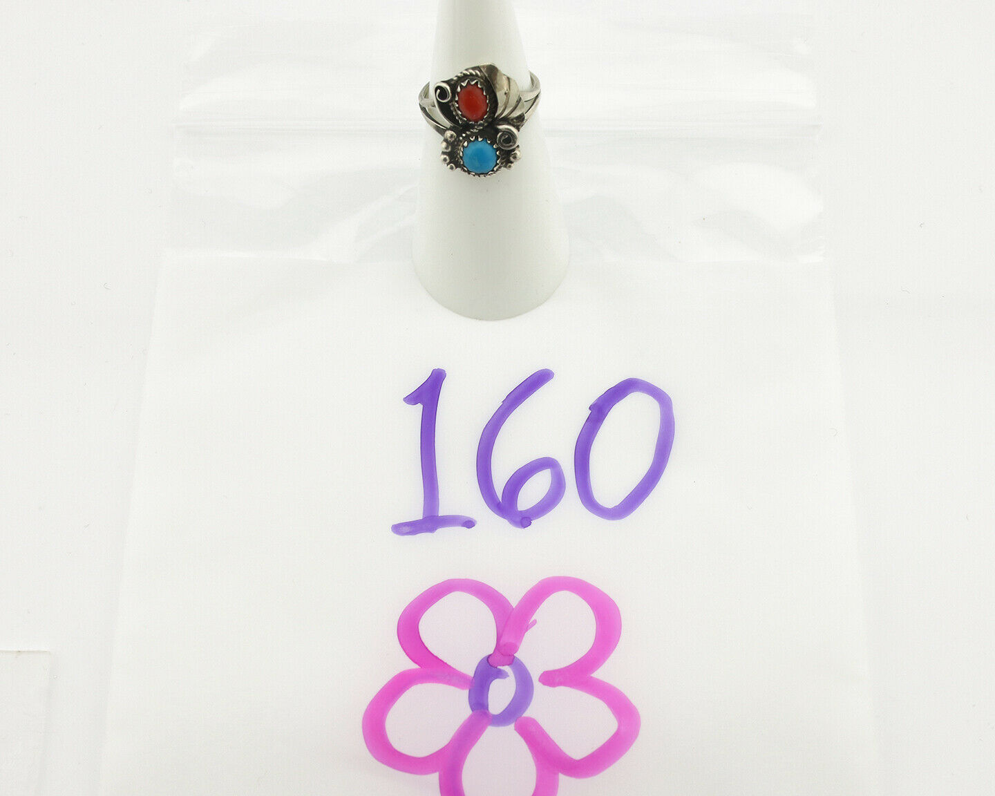 Navajo Ring .925 Silver Morenci Turquoise & Red Stone Native Artist Signed JM C.80's