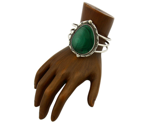 Navajo Malachite Bracelet SOLID .925 Silver Signed Artist KH C.80's