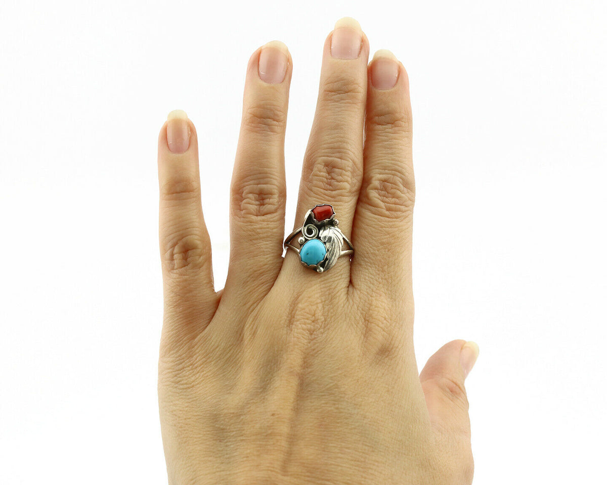 Navajo Ring .925 Silver Turquoise & Coral Native American Artist C.1980's
