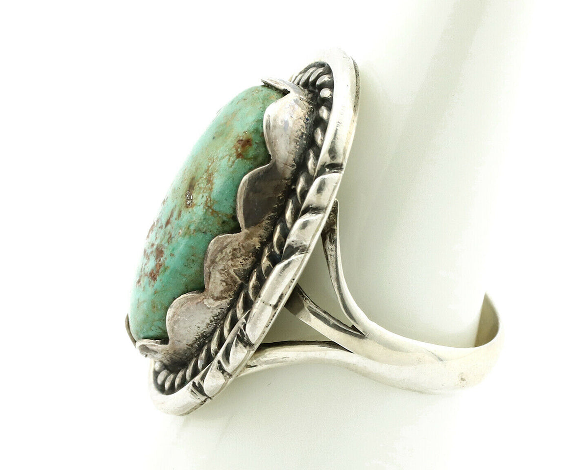 Navajo Ring .925 Silver Natural Uncolored Green Turquoise Signed Apache C.80's