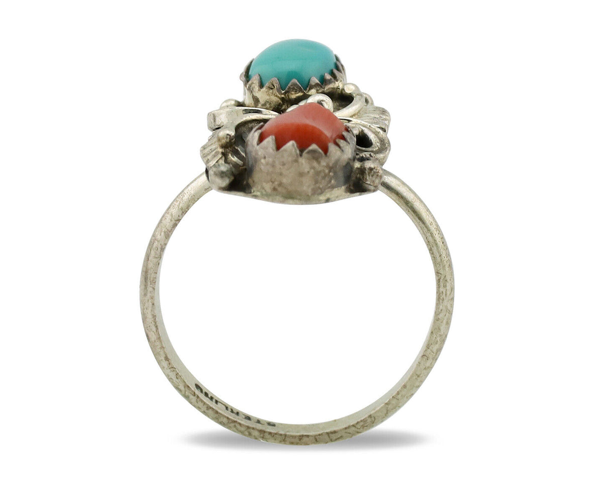 Navajo Ring 925 Silver Coral & Turquoise Handmade Native American Artist C.1980s