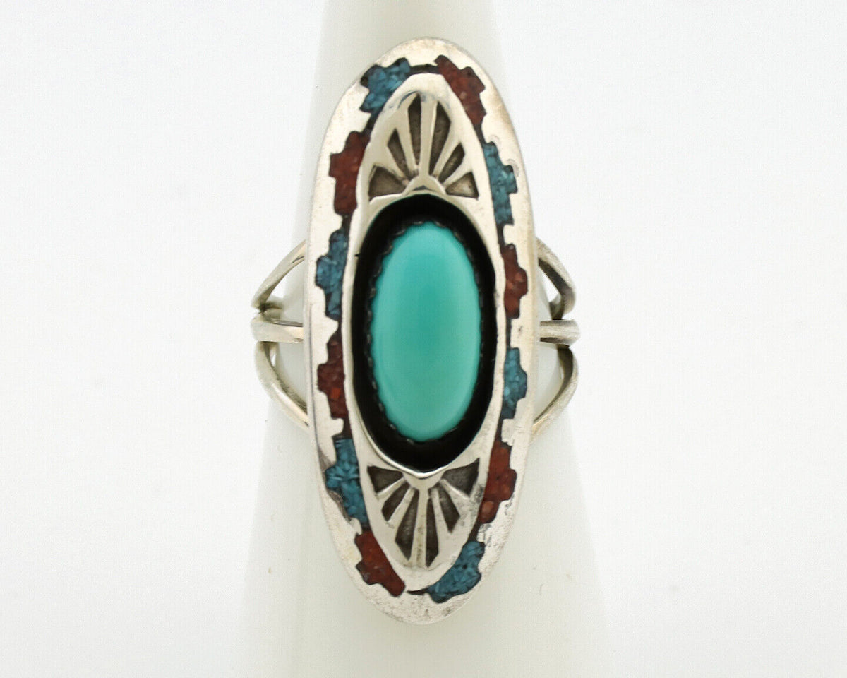 Navajo Ring 925 Silver Turquoise & Coral Signed Circle JW C.80s