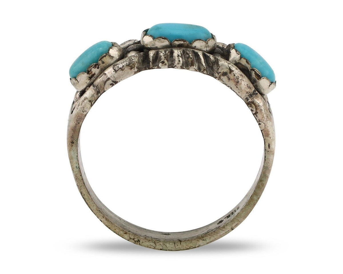 Navajo Ring .925 Silver Natural Blue Turquoise Artist Signed Sun Bell C.80's