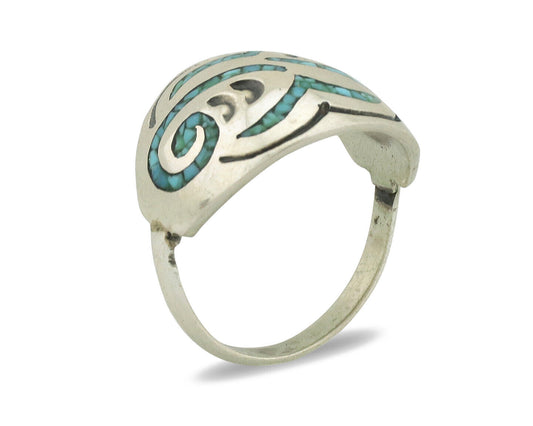 Navajo Ring 925 Silver Chip Inlay Turquoise Artist Signed Thomas Singer C.80's