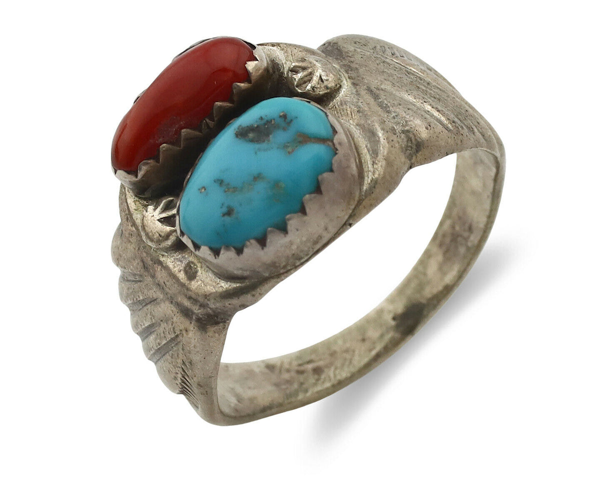 Zuni Ring .925 Silver Natural Turquoise & Coral Native American Artist C.1980's
