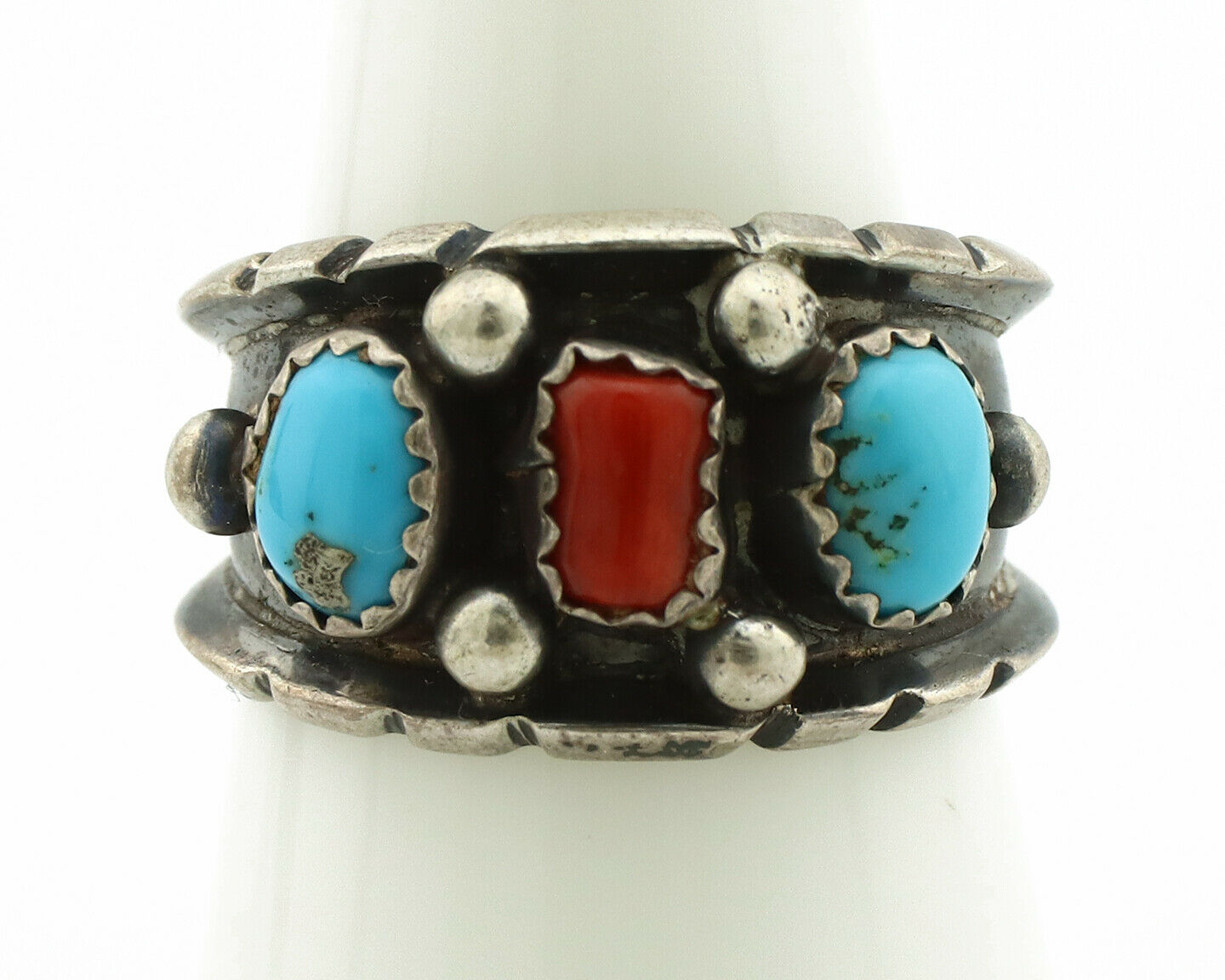 Zuni Ring .925 Silver Turquoise & Coral Artist Signed Milton Lasiloo C.80's