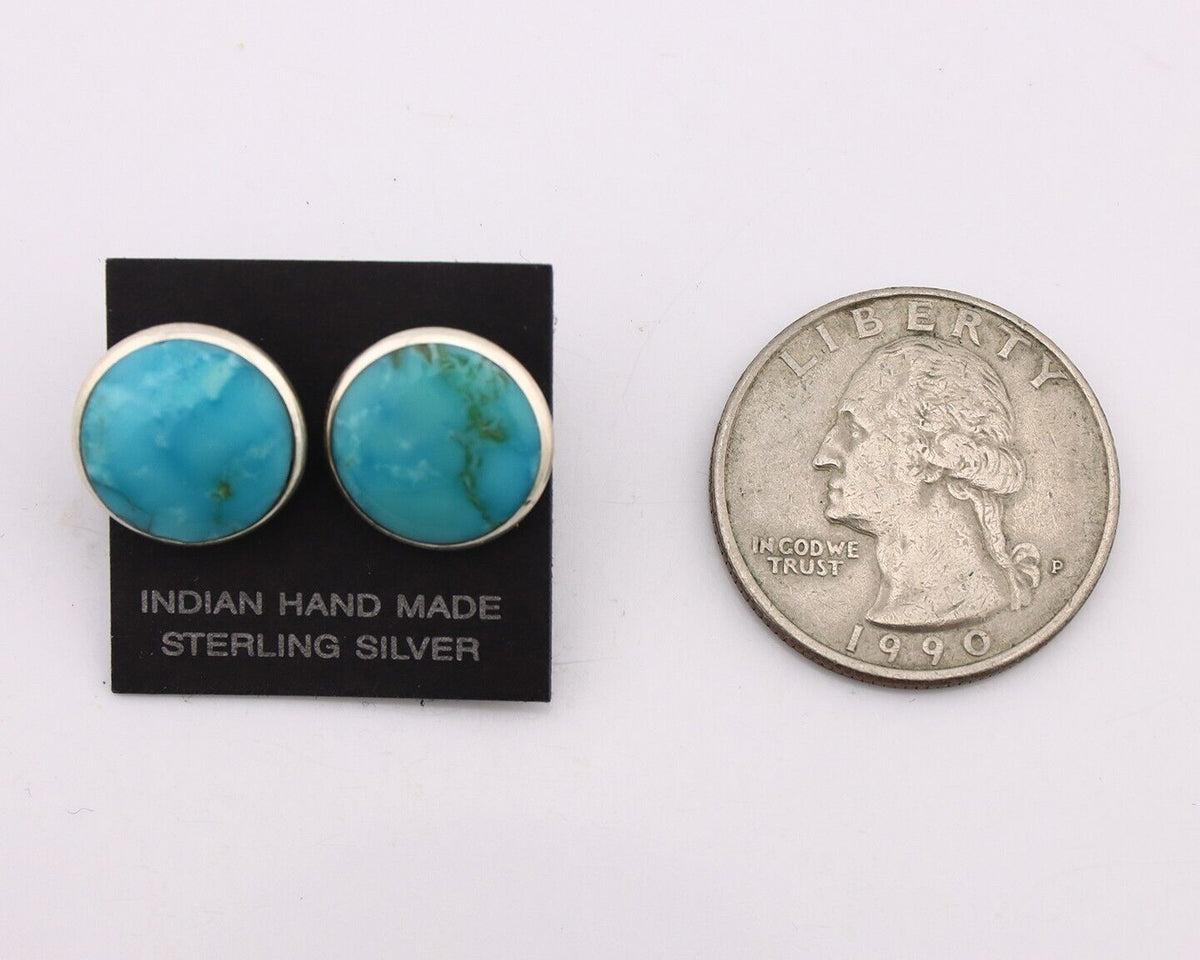 Navajo Earrings 925 Silver Natural Kingman Turquoise Artist Signed JM C.90's