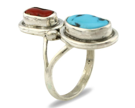 Navajo Ring .925 Silver Red Coral & Blue Turquoise Native Artist C.80's