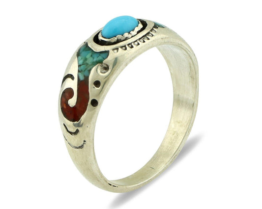 Navajo Handmade Ring 925 Silver Blue Turquoise & Coral Native American C.80's