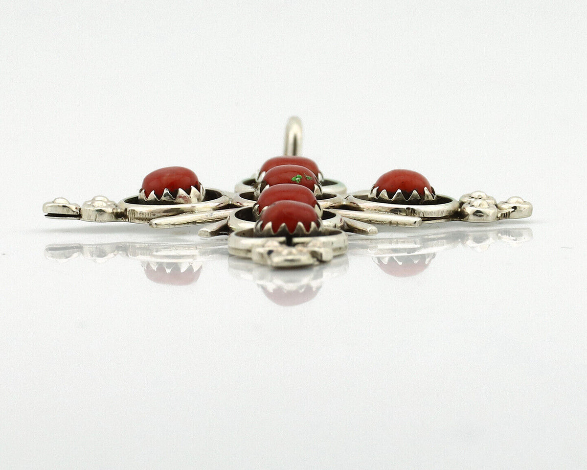 Zuni Handmade Cross Necklace 925 Silver Red Coral Artist Signed NOM? C.80's
