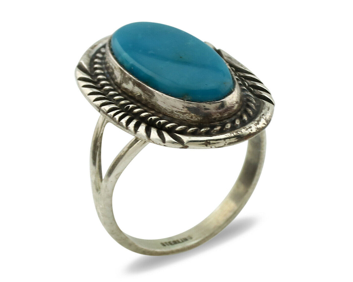 Navajo Ring .925 Silver Blue Turquoise Artist Signed Begay C.1980's