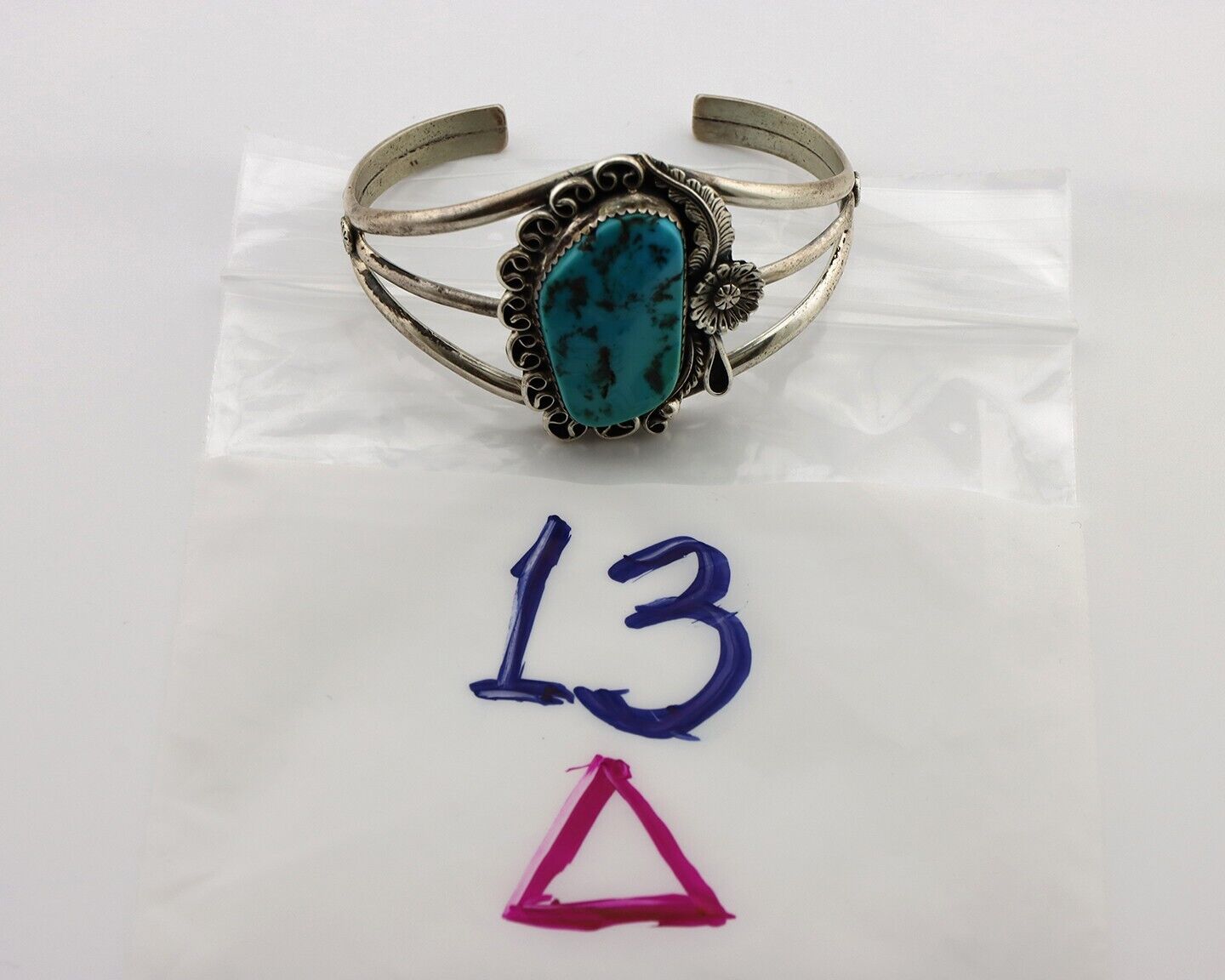 Navajo Cuff Bracelet 925 Silver Blue Turquoise Artist Signed MJ C.80's