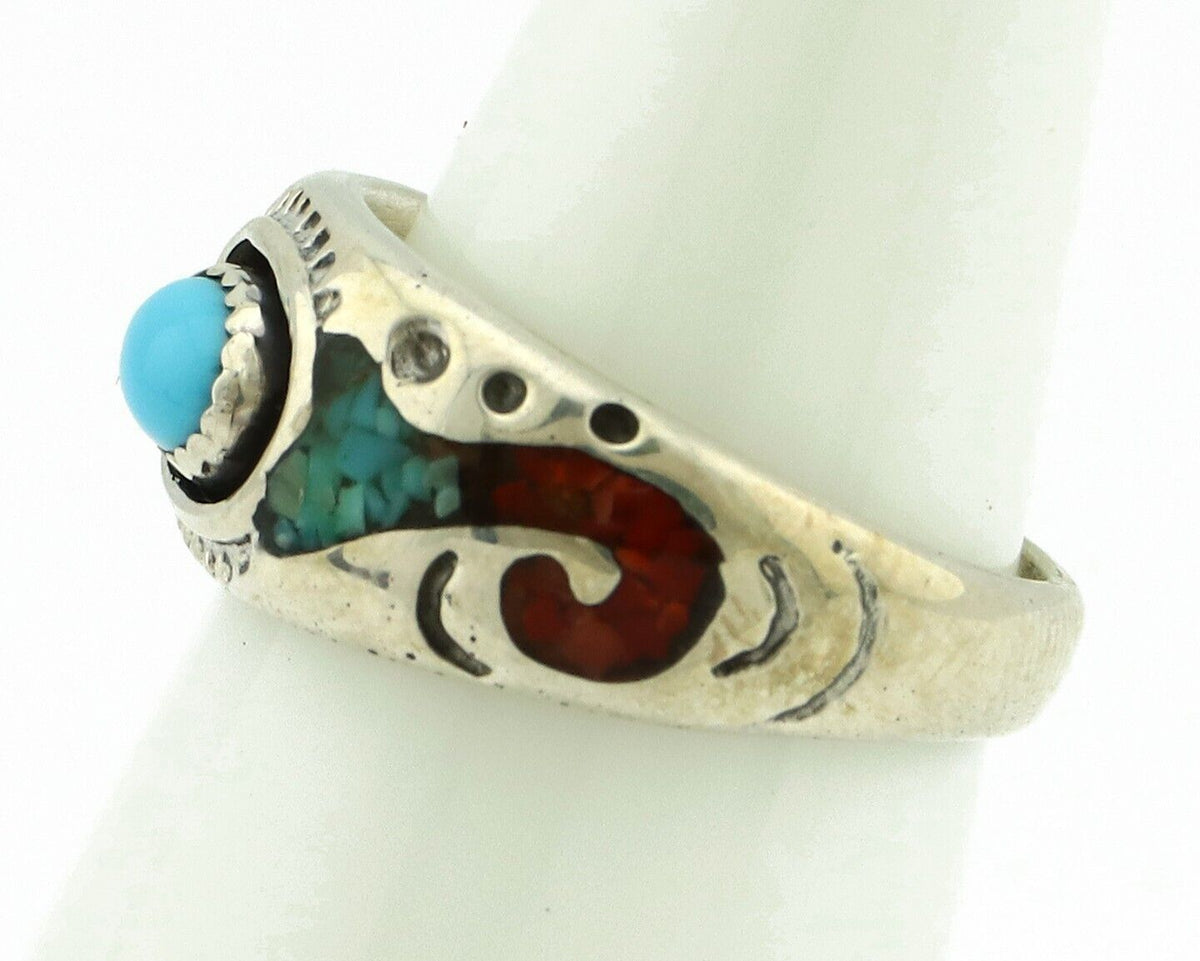 Navajo Handmade Ring 925 Silver Blue Turquoise & Coral Native American C.80's