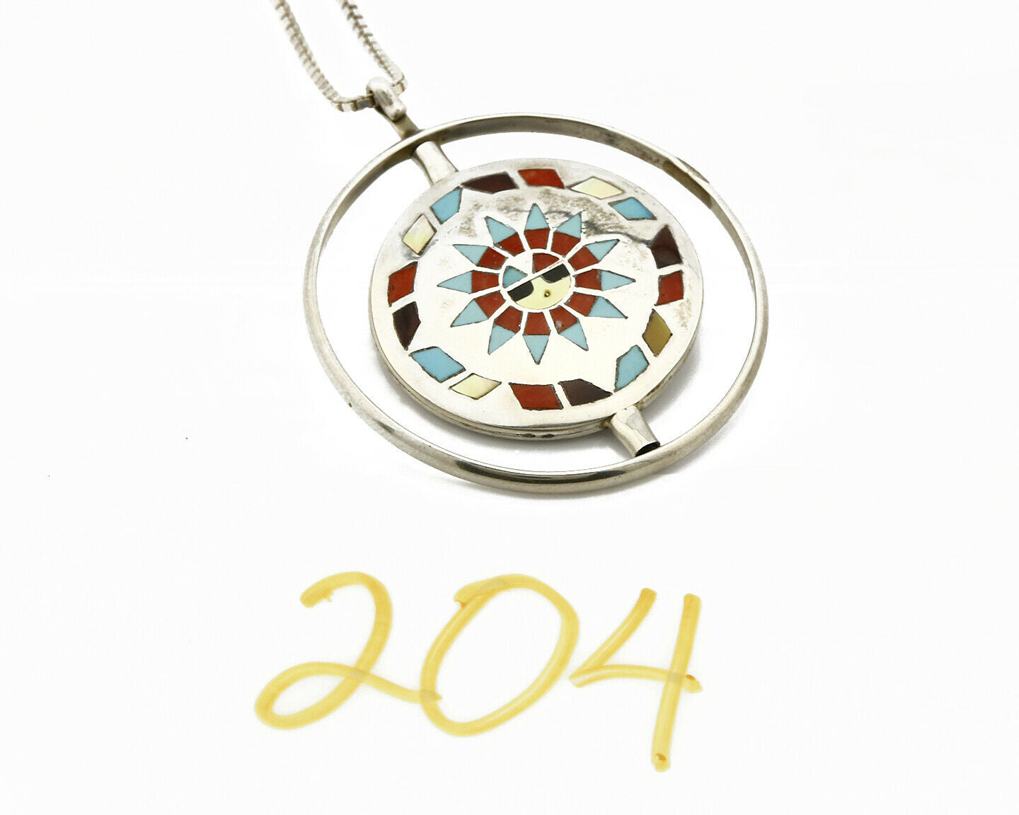 Women's Navajo Spinner Pendant .925 Silver & Inlaid Gemstone Necklace