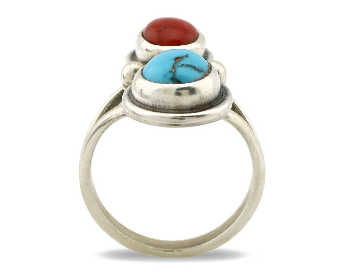 Navajo Handmade Ring 925 Silver Coral & Turquoise Native American Artist C.80's
