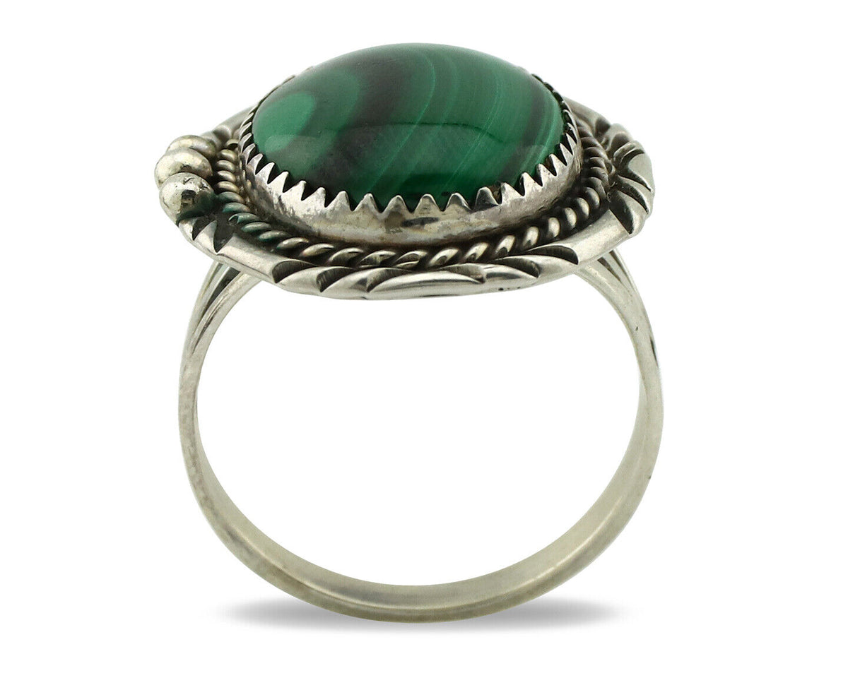 Navajo Ring 925 Silver Natural Green Malachite Signed William Denetdale C.80's