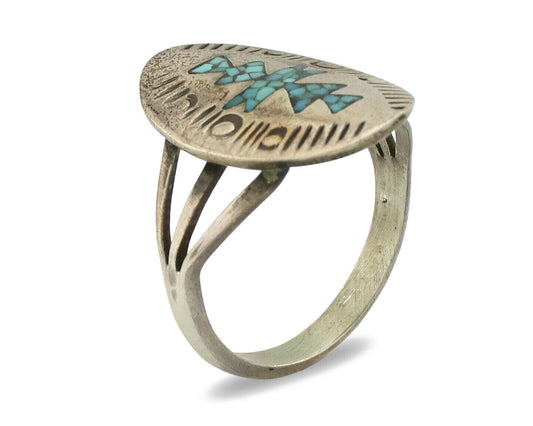 Navajo Ring 925 Silver Chip Inlay Turquoise Artist Signed NAKAI C.80's