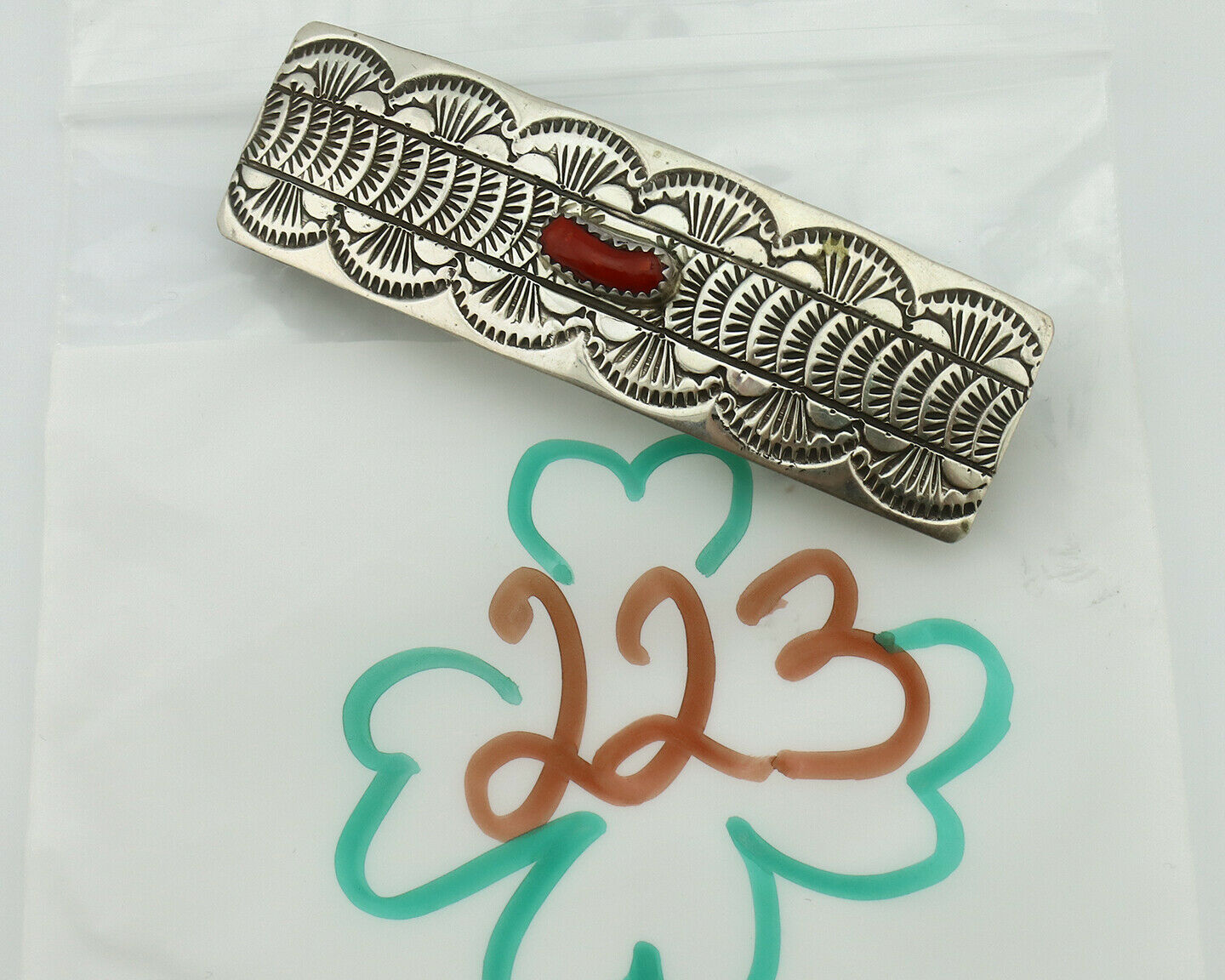 Women's Navajo Hair Clip .925 Silver Inlaid Red Coral Artist Signed WB C.80's