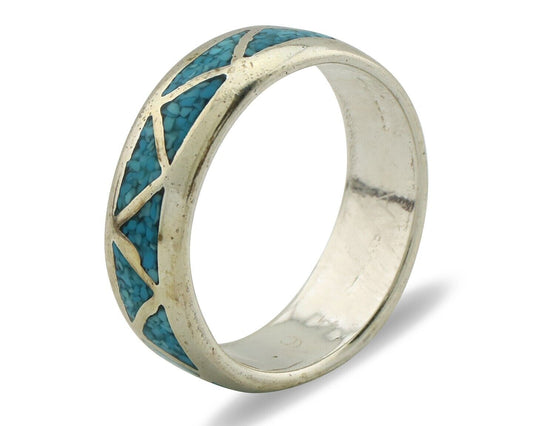 Navajo Chip Inlay Ring 925 Silver Sleeping Beauty Turquoise Artist Silver Cloud