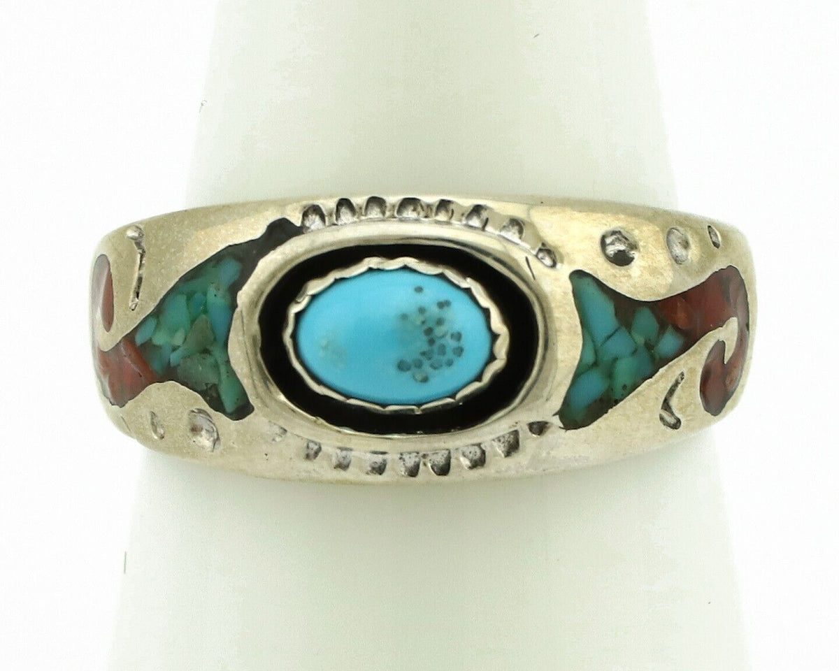 Navajo Handmade Ring 925 Silver Blue Turquoise & Coral Native American C.80's