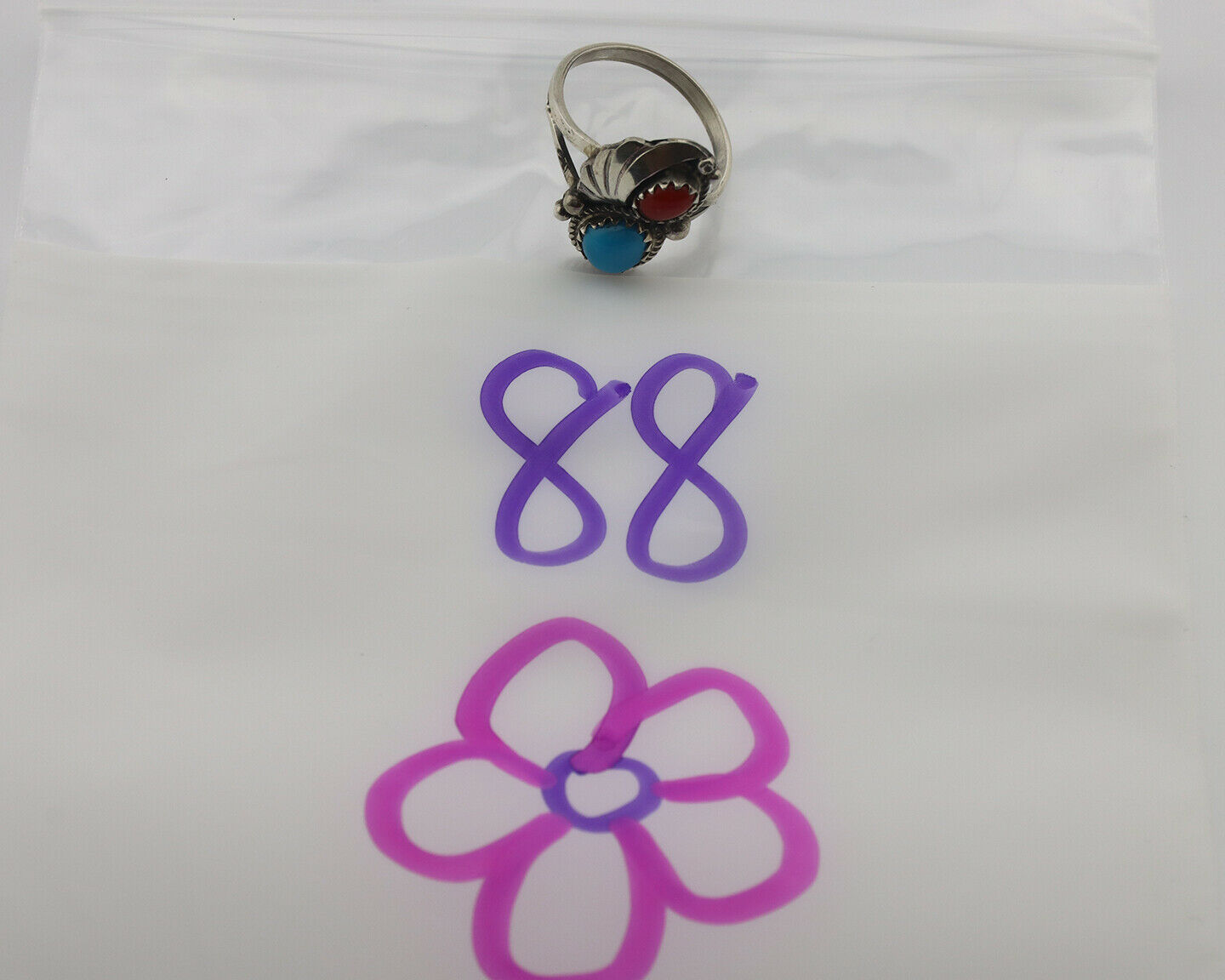 Navajo Ring .925 Silver Morenci Turquoise & Coral Native Artist Signed JM C.80's