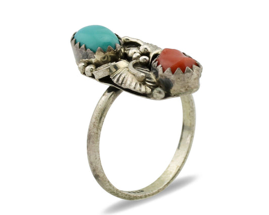 Navajo Ring 925 Silver Coral & Turquoise Handmade Native American Artist C.1980s