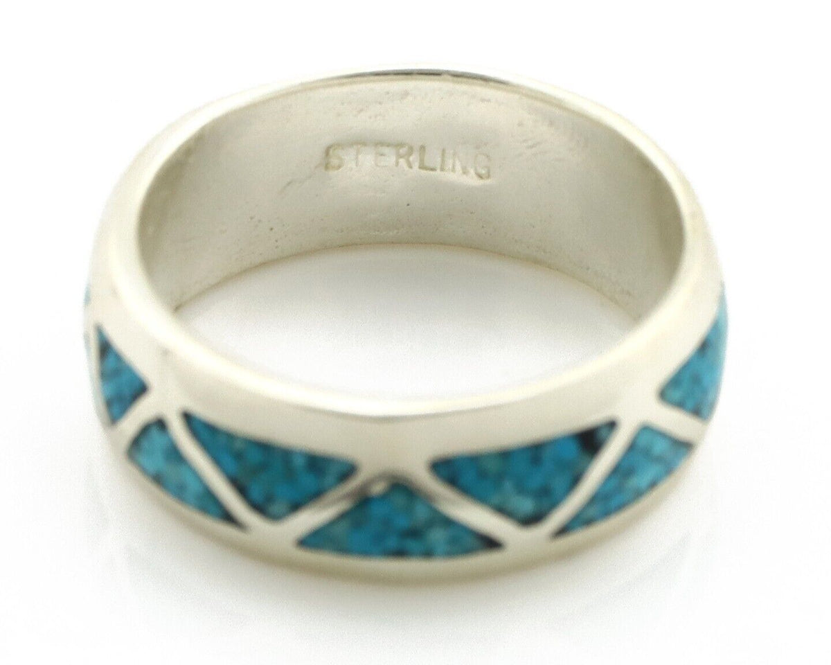 Navajo Chip Inlay Ring 925 Silver Sleeping Beauty Turquoise Artist Silver Cloud