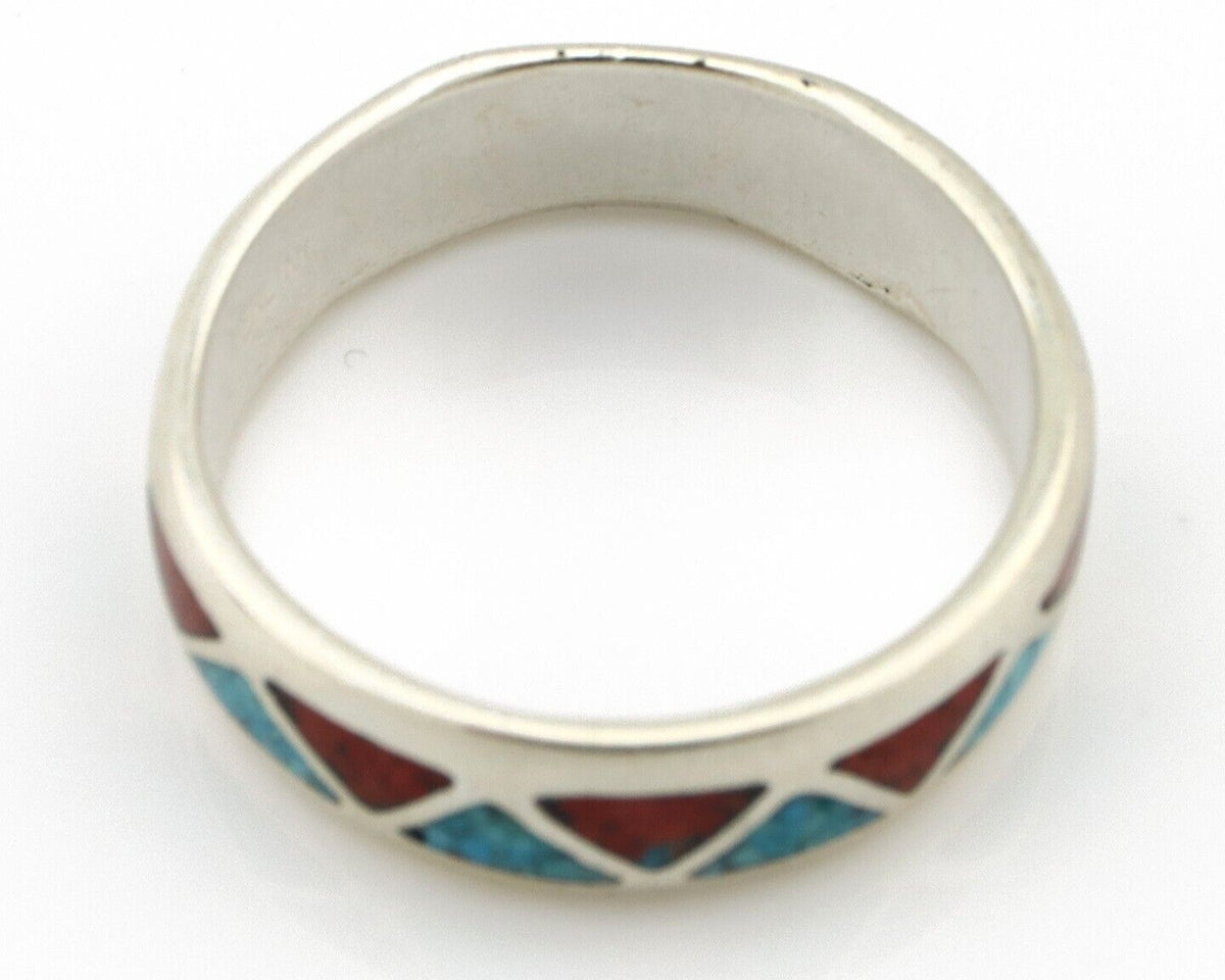 Navajo Chip Inlay Ring 925 Silver Sleeping Beauty Turquoise & Coral Silver Cloud