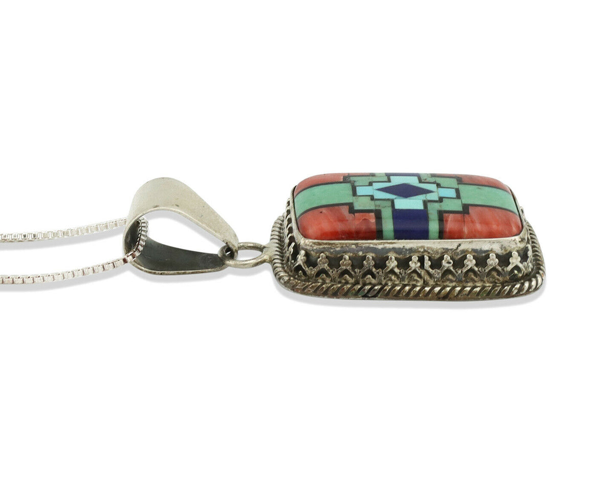 Navajo Handmade Inlaid Gemstone Pendant .925 Silver Signed SN C.80's