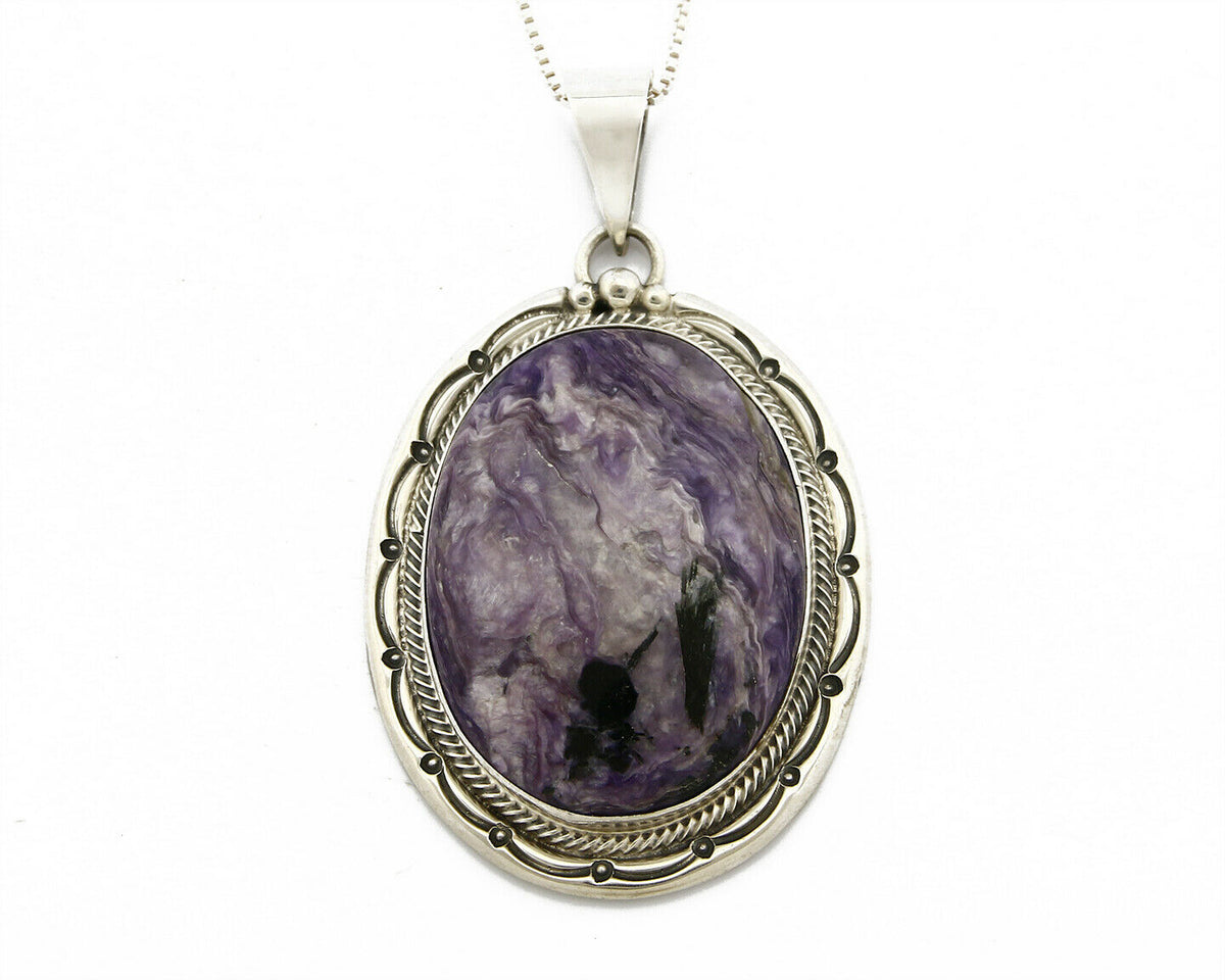 C.1980's Navajo Signed Roie Jaque .925 Silver Large Charoite Necklace