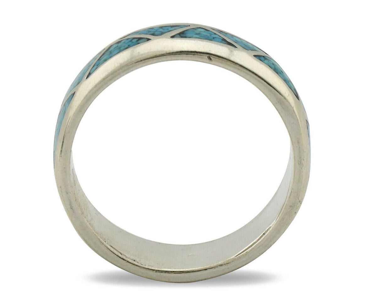 Navajo Chip Inlay Ring 925 Silver Sleeping Beauty Turquoise Artist Silver Cloud
