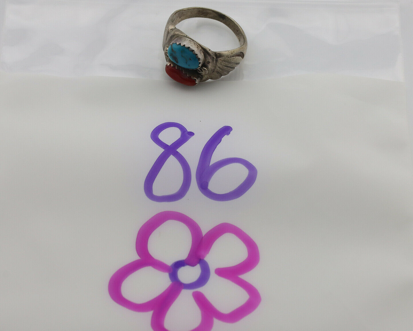 Zuni Ring .925 Silver Natural Turquoise & Coral Native American Artist C.1980's